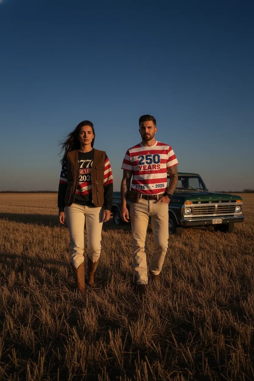 Couple wearing the Founders 1776 Crewneck and Redline 250 Shirt