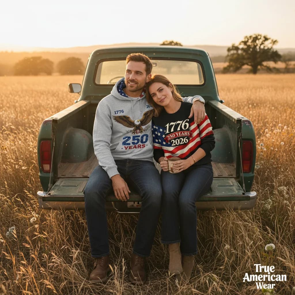 Couple wearing the Founders 1776 Crewneck and Liberty Eagle Hoodie